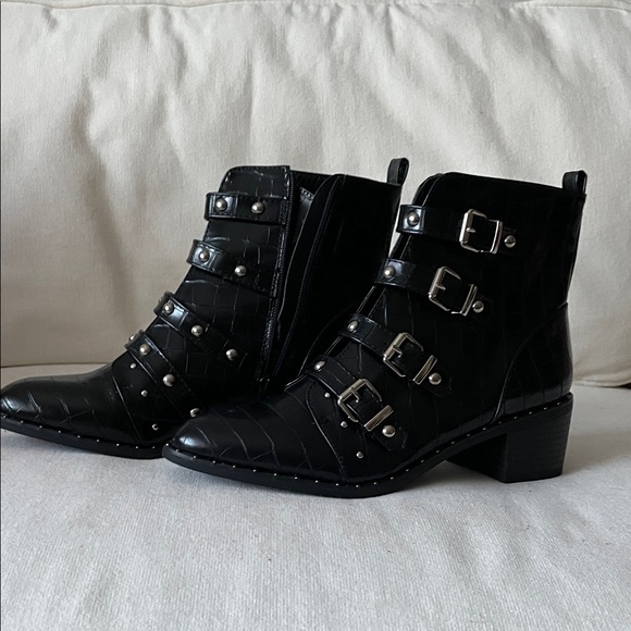 Catherine Malandrino Shoes - Catherine Malandrino Black Croc-Embossed Buckle Boots